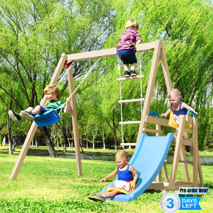 BB3- Wooden Swing Set with Slide, Outdoor Playset Backyard Activity Playground Climb Swing Outdoor Play Structure for Toddlers, Ready to Assemble Wooden Swing-N-Slide Set Kids Climbers - Likeshoppe 