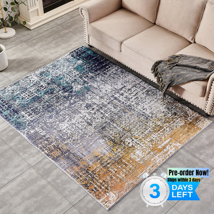 AQ27- ZARA Collection Abstract Design Blue Gold Machine Washable Super Soft Area Rug - Likeshoppe 