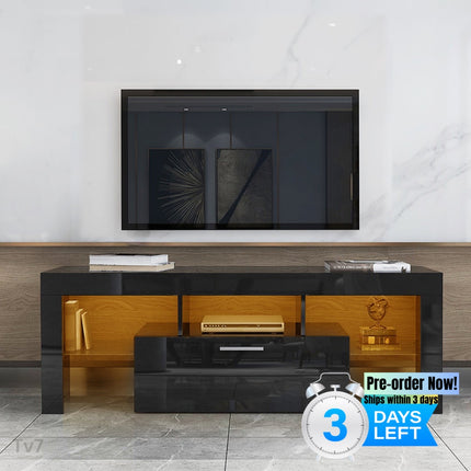 TV7- Black morden TV Stand with LED Lights; high glossy front TV Cabinet; can be assembled in Lounge Room; Living Room or Bedroom; color:BLACK - Likeshoppe 