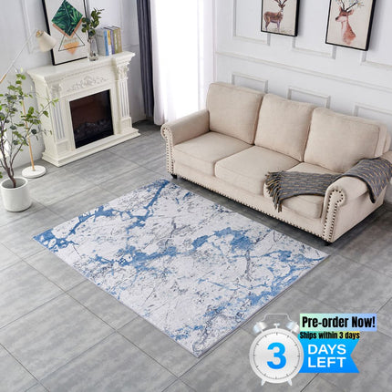 AQ6- ZARA Collection Abstract Design Silver Blue Machine Washable Super Soft Area Rug - Likeshoppe 