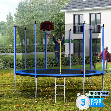 BA20- 10FT Trampoline with Basketball Hoop Inflator and Ladder(Inner Safety Enclosure) Blue - Likeshoppe 