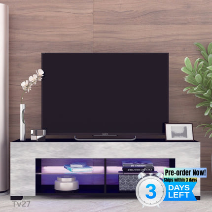 TV27- TV Stand for 32-60 Inch TVs Modern Low Profile Black+Stone Grey Entertainment Center with LED Lights 57 Inch Small TV Console Media Table with Glass Shelves and Hidden Side Bookshelf for Living Room - Likeshoppe 