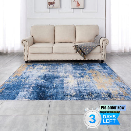 AQ5- ZARA Collection Abstract Design Blue Gold Machine Washable Super Soft Area Rug - Likeshoppe 