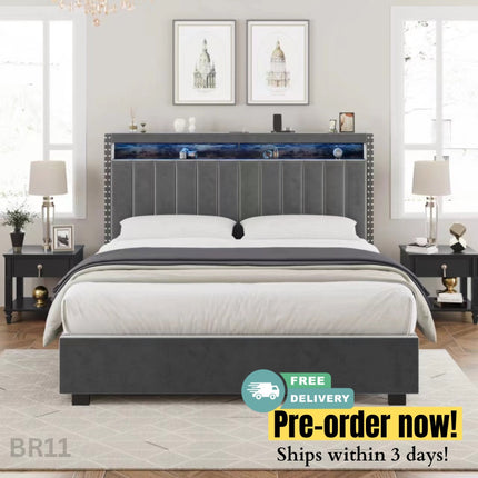 BR11- Luxury Gas Lift Storage Bed with RF LED Lights, Storage Headboard ,QUEEN Size ,Velvet Grey - Likeshoppe 