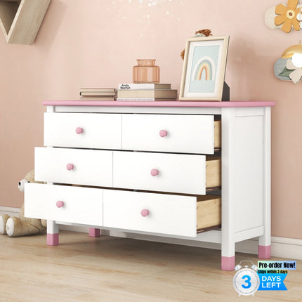 AU8- Wooden Storage Dresser with 6 Drawers,Storage Cabinet for kids Bedroom,White+Pink - Likeshoppe 