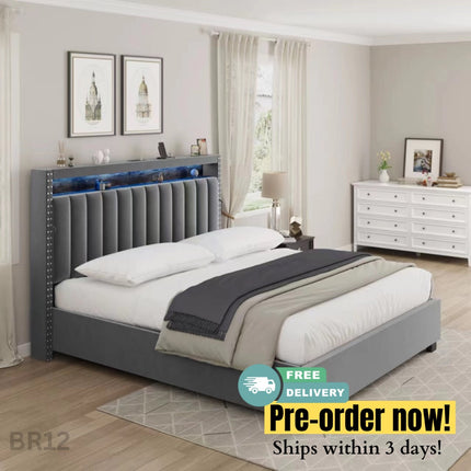 BR12- Luxury Gas Lift Storage Bed with RF LED Lights, Storage Headboard ,FULL Size ,Velvet GREY - Likeshoppe 