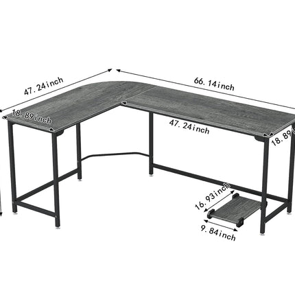 Likeshoppe Choice 66 Inch L-Shaped Corner Computer Desk, Home Office Desk, Large Space Gaming Desk, Studying Writing Table Workstation, Gray - Likeshoppe 