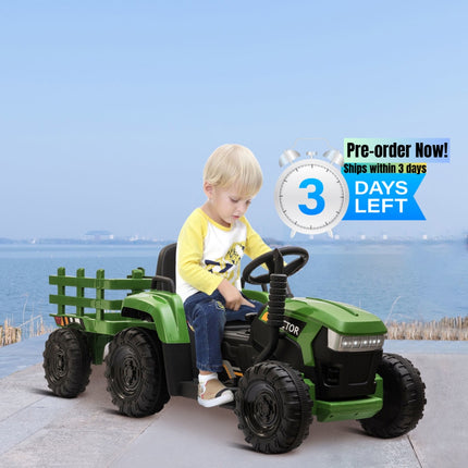 BH6- 12V Kids Ride On Tractor with Trailer, Battery Powered Electric Car w/ Music, USB, Music, LED Lights, Vehicle Toy for 3 to 6 Ages, Dark Green - Likeshoppe 