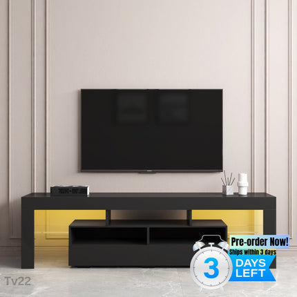 TV22- Living Room Furniture TV Stand Cabinet with 2 Drawers & 2 open shelves,20-color RGB LED lights with remote,Black - Likeshoppe 