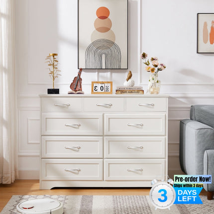 AU4- Bedroom dresser, 9 drawer long dresser with antique handles, wood chest of drawers for kids room, living room, entry and hallway, White, 47.56''W x 15.75''D x 34.45''H. - Likeshoppe 