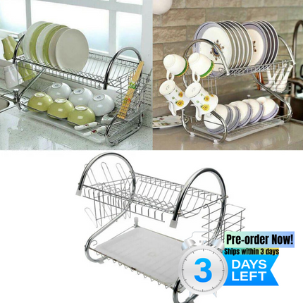 DL2- 2 Tier Dish Drying Rack Drainer Stainless Steel Kitchen Cutlery Holder Shelf - Likeshoppe 