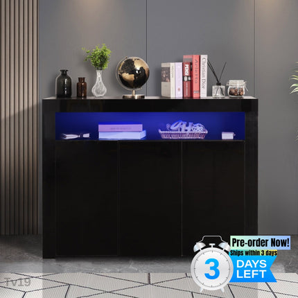 TV19- Living Room Sideboard Storage Cabinet Black High Gloss with LED Light, Modern Kitchen Unit Cupboard Buffet Wooden Storage Display Cabinet TV Stand with 3 Doors for Hallway Dining Room - Likeshoppe 