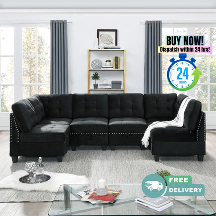 U shape Modular Sectional Sofa; DIY Combination; includes Four Single Chair and Two Corner; Black Velvet - Likeshoppe 