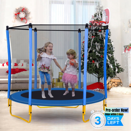 BA16- 5.5FT Trampoline for Kids - 65" Outdoor & Indoor Mini Toddler Trampoline with Enclosure, Basketball Hoop and Ball Included - Likeshoppe 