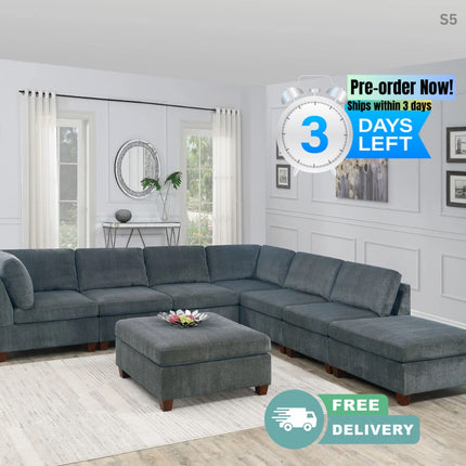 S5- Living Room Furniture Grey Chenille Modular Sectional 8pc Set Large Corner L-Sectional Modern Couch 2x Corner Wedge 4x Armless Chairs and 2x Ottomans Plywood - Likeshoppe 