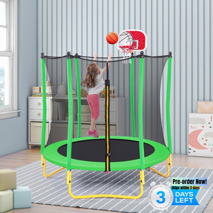 BA43- 5.5FT Trampoline for Kids - 65" Outdoor & Indoor Mini Toddler Trampoline with Enclosure, Basketball Hoop and Ball Included - Likeshoppe 