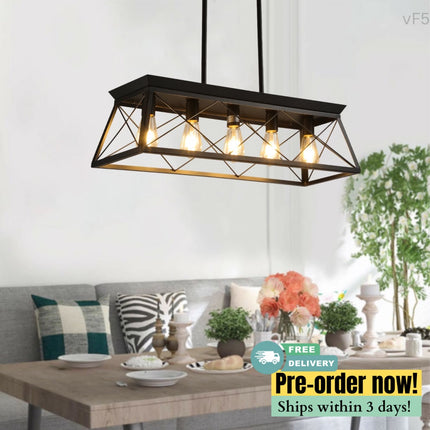 VF5- 5-Light Farmhouse Chandeliers for Dining Room, Metal Rustic Pendant Island Light Fixture, Modern Rectangular Island Lights for Kitchen, Living Room(No Bulbs) - Likeshoppe 