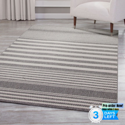 AS3-Hampton White and Gray Polypropylene Indoor/ Outdoor Area Rug 8x10 - Likeshoppe 