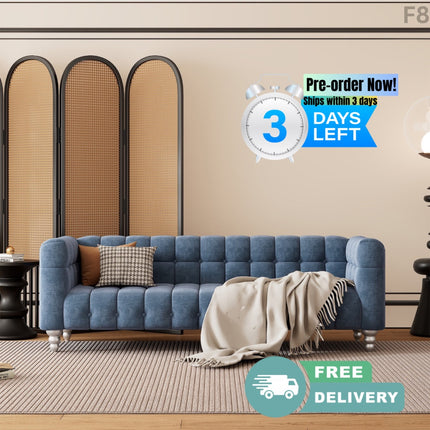 F8- 89" Modern Sofa Dutch Fluff Upholstered sofa with solid wood legs, buttoned tufted backrest,blue - Likeshoppe 