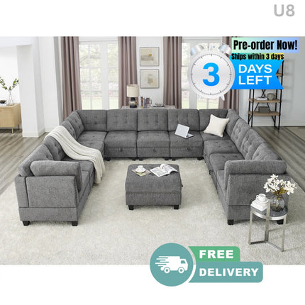 U8-  shape Modular Sectional Sofa,DIY Combination,includes Seven Single Chair, Four Corner and One Ottoman,Grey - Likeshoppe 