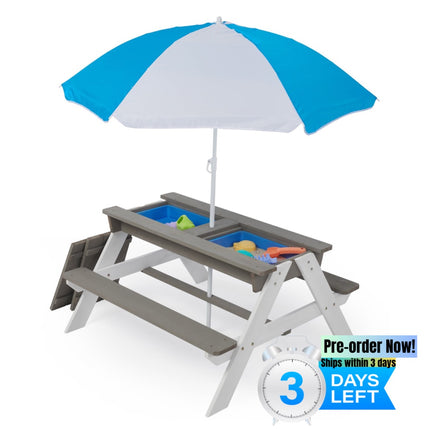 BL1-3-in-1 Kids Outdoor Wooden Picnic Table With Umbrella, Convertible Sand & Wate, Gray ASTM & CPSIA CERTIFICATION - Likeshoppe 