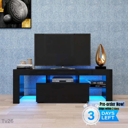 TV26- Black TV Stand with LED RGB Lights; Flat Screen TV Cabinet; Gaming Consoles for Lounge Room; Living Room and Bedroom; Black 51.2''x13.8''x17.7'' - Likeshoppe 