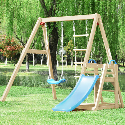 BB3- Wooden Swing Set with Slide, Outdoor Playset Backyard Activity Playground Climb Swing Outdoor Play Structure for Toddlers, Ready to Assemble Wooden Swing-N-Slide Set Kids Climbers - Likeshoppe 