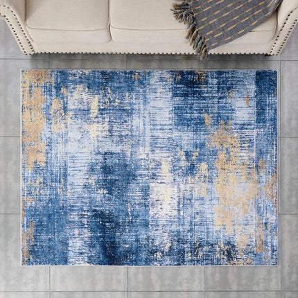 AQ27- ZARA Collection Abstract Design Blue Gold Machine Washable Super Soft Area Rug - Likeshoppe 