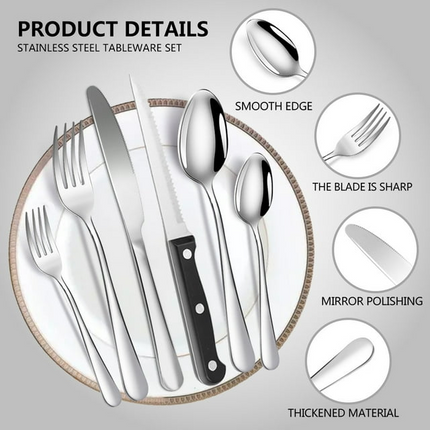 BP7- 48 Pcs Silverware Set with Steak Knives Service for 8,Stainless Steel Flatware Set,Mirror Polished Cutlery Utensil Set,Home Kitchen Eating Tableware Set,Include Fork Knife Spoon Set,Dishwasher Safe - Likeshoppe 