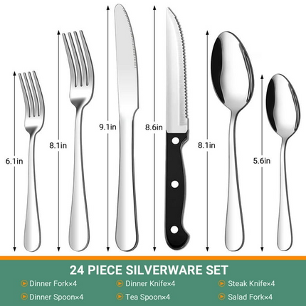 BP11- 24 Piece Flatware Set for 4, TINANA Stainless Steel Flatware Set, Mirror Polished Cutlery Utensil Set, Durable Home Kitchen Eating Tableware Set, Fork Knife Spoon Set,Dishwasher Safe-Silver - Likeshoppe 