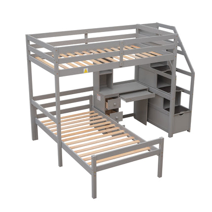 AS4- Twin Size Loft Bed with a Stand-alone Bed;  Storage Staircase;  Desk;  Shelves and Drawers - Likeshoppe 