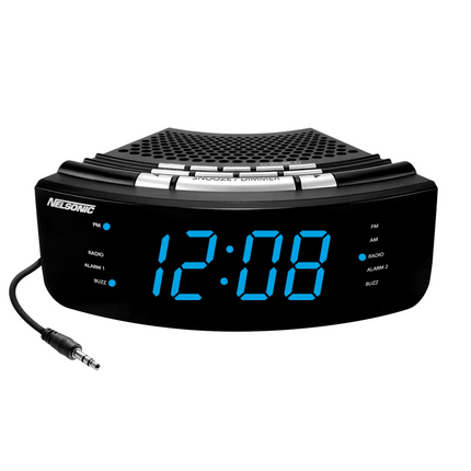 CH26- NELSONIC Digital AM/FM Clock Radio with Built in Aux Cord, Black with Blue LED Display - Likeshoppe 