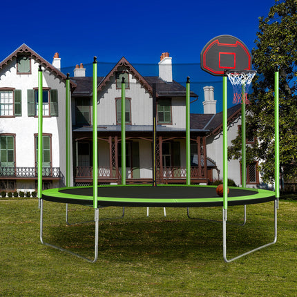 BA25- 10FT Trampoline with Basketball Hoop Inflator and Ladder(Inner Safety Enclosure) Green - Likeshoppe 