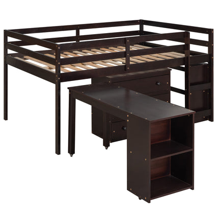 AS1- Low Study Full Loft Bed with Cabinet ; Shelves and Rolling Portable Desk ; Multiple Functions Bed - Likeshoppe 