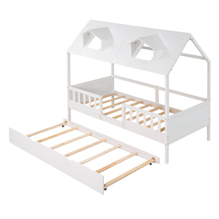 AS2- Twin Size House Bed Wood Bed with Twin Size Trundle - Likeshoppe 