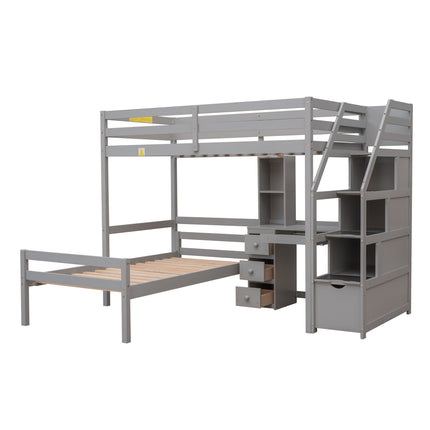 AS4- Twin Size Loft Bed with a Stand-alone Bed;  Storage Staircase;  Desk;  Shelves and Drawers - Likeshoppe 