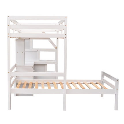 AS4- Twin Size Loft Bed with a Stand-alone Bed;  Storage Staircase;  Desk;  Shelves and Drawers - Likeshoppe 