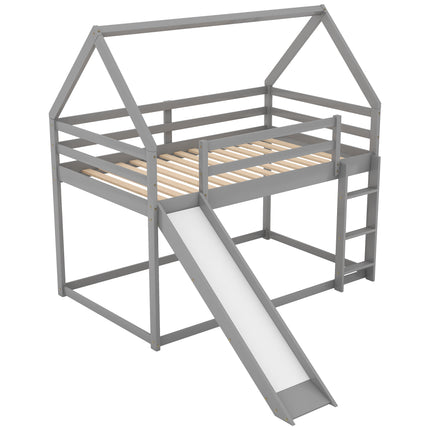 AS33- Twin Size Bunk House Bed with Slide and Ladder - Likeshoppe 