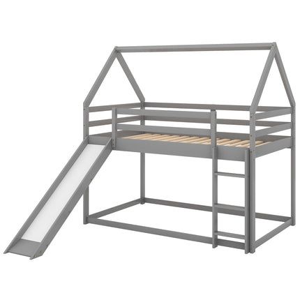 AS33- Twin Size Bunk House Bed with Slide and Ladder - Likeshoppe 