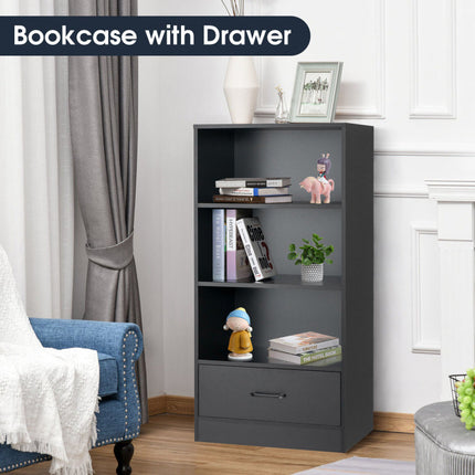 AT23- 4-Tier Storage Bookcase with Open Shelves Drawer and Anti-toppling Device - Likeshoppe 