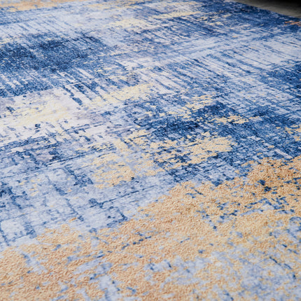 AQ5- ZARA Collection Abstract Design Blue Gold Machine Washable Super Soft Area Rug - Likeshoppe 