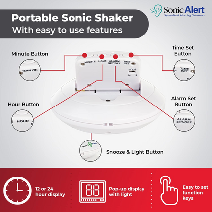 CH28- Sonic Alert - Sonic Shaker Portable Alarm Clock, Compact Design with Digital Display - White - Likeshoppe 