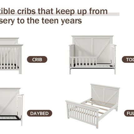 AO1- Rustic Farmhouse Style Whitewash 4-in-1 Convertible Baby Crib - Converts to Toddler Bed, Daybed and Full-Size Bed, White - Likeshoppe 