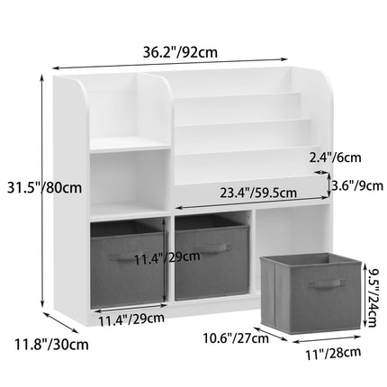 AT1- Kids Bookcase and Bookshelf, Multifunctional Bookcase with 3 Collapsible Fabric Drawers, Bookcase Display Stand, Toy Storage Organizer for Bedroom, Playroom, Hallway (White/Gray) - Likeshoppe 