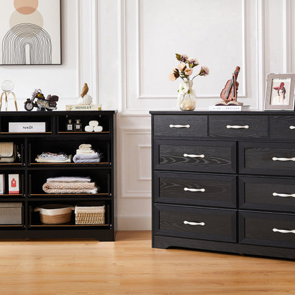 AU7- Bedroom dresser, 9 drawer long dresser with antique handles, wood chest of drawers for kids room, living room, entry and hallway, Black, 47.2'' W x 15.8'' D x 34.6'' H. - Likeshoppe 