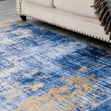 AQ5- ZARA Collection Abstract Design Blue Gold Machine Washable Super Soft Area Rug - Likeshoppe 