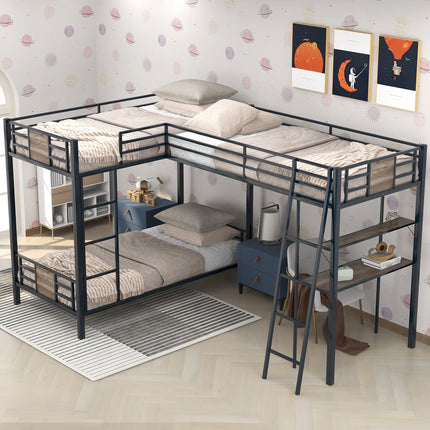 AS28- L-Shaped Twin over Twin Bunk Bed with Twin Size Loft Bed with Desk and Shelf - Likeshoppe 