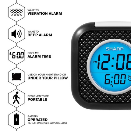 CH7- Sharp Vibrating Alarm Clock Pillow - Bed Shaker Black Digital Display Battery Operated - Likeshoppe 