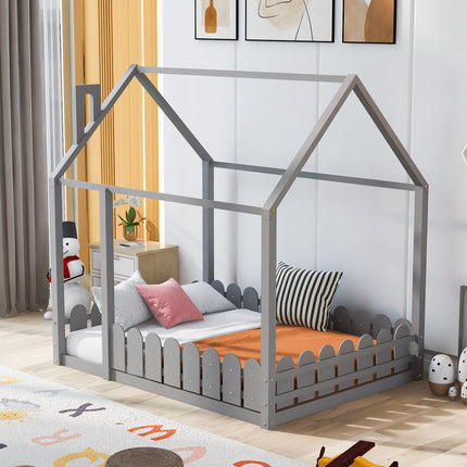 AS21- (Slats are not included) Full Size Wood Bed House Bed Frame with Fence;  for Kids;  Teens;  Girls;  Boys - Likeshoppe 