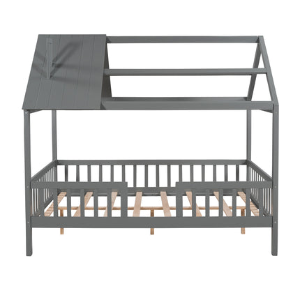 AS32- Full Size Wood House Bed with Fence - Likeshoppe 